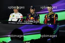 The FIA Press Conference (L to R): Kimi Raikkonen (FIN) Lotus F1 Team, second; Sebastian Vettel (GER) Red Bull Racing, race winner; Romain Grosjean (FRA) Lotus F1 Team, third. 21.04.2013. Formula 1 World Championship, Rd 4, Bahrain Grand Prix, Sakhir, Bahrain, Race Day