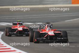 Jules Bianchi (FRA) Marussia F1 Team MR02 leads team mate Max Chilton (GBR) Marussia F1 Team MR02. 21.04.2013. Formula 1 World Championship, Rd 4, Bahrain Grand Prix, Sakhir, Bahrain, Race Day