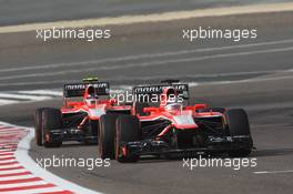 Jules Bianchi (FRA) Marussia F1 Team MR02 leads team mate Max Chilton (GBR) Marussia F1 Team MR02. 21.04.2013. Formula 1 World Championship, Rd 4, Bahrain Grand Prix, Sakhir, Bahrain, Race Day