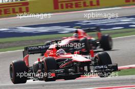 Jules Bianchi (FRA) Marussia F1 Team MR02 leads team mate Max Chilton (GBR) Marussia F1 Team MR02. 21.04.2013. Formula 1 World Championship, Rd 4, Bahrain Grand Prix, Sakhir, Bahrain, Race Day
