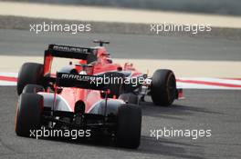 Jules Bianchi (FRA) Marussia F1 Team MR02 leads team mate Max Chilton (GBR) Marussia F1 Team MR02. 21.04.2013. Formula 1 World Championship, Rd 4, Bahrain Grand Prix, Sakhir, Bahrain, Race Day