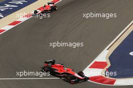 Jules Bianchi (FRA) Marussia F1 Team MR02 leads team mate Max Chilton (GBR) Marussia F1 Team MR02. 21.04.2013. Formula 1 World Championship, Rd 4, Bahrain Grand Prix, Sakhir, Bahrain, Race Day