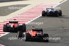 Jules Bianchi (FRA) Marussia F1 Team MR02 leads team mate Jules Bianchi (FRA) Marussia F1 Team MR02. 21.04.2013. Formula 1 World Championship, Rd 4, Bahrain Grand Prix, Sakhir, Bahrain, Race Day