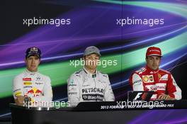 The top three qualifiers in the FIA Press Conference (L to R): Fernando Alonso (ESP) Ferrari, third; Nico Rosberg (GER) Mercedes AMG F1, pole position; Sebastian Vettel (GER) Red Bull Racing, second. 20.04.2013. Formula 1 World Championship, Rd 4, Bahrain Grand Prix, Sakhir, Bahrain, Qualifying Day