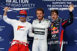 The top three qualifiers in Parc Ferme (L to R): Fernando Alonso (ESP) Ferrari, third; Nico Rosberg (GER) Mercedes AMG F1, pole position; Sebastian Vettel (GER) Red Bull Racing, second. 20.04.2013. Formula 1 World Championship, Rd 4, Bahrain Grand Prix, Sakhir, Bahrain, Qualifying Day