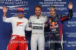 Pole for Nico Rosberg (GER) Mercedes AMG F1 W04, 2nd for Sebastian Vettel (GER) Red Bull Racing and 3rd for Fernando Alonso (ESP) Ferrari F138. 20.04.2013. Formula 1 World Championship, Rd 4, Bahrain Grand Prix, Sakhir, Bahrain, Qualifying Day