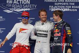 The top three qualifiers in Parc Ferme (L to R): Fernando Alonso (ESP) Ferrari, third; Nico Rosberg (GER) Mercedes AMG F1, pole position; Sebastian Vettel (GER) Red Bull Racing, second. 20.04.2013. Formula 1 World Championship, Rd 4, Bahrain Grand Prix, Sakhir, Bahrain, Qualifying Day