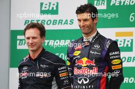 The podium (L to R): Christian Horner (GBR) Red Bull Racing Team Principal with second placed Mark Webber (AUS) Red Bull Racing. 24.11.2013. Formula 1 World Championship, Rd 19, Brazilian Grand Prix, Sao Paulo, Brazil, Race Day.