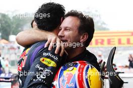 (L to R): Mark Webber (AUS) Red Bull Racing celebrates his second position and final GP in parc ferme with Christian Horner (GBR) Red Bull Racing Team Principal. 24.11.2013. Formula 1 World Championship, Rd 19, Brazilian Grand Prix, Sao Paulo, Brazil, Race Day.