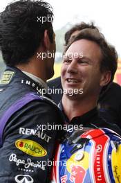 (L to R): Mark Webber (AUS) Red Bull Racing celebrates his second position and final GP in parc ferme with Christian Horner (GBR) Red Bull Racing Team Principal. 24.11.2013. Formula 1 World Championship, Rd 19, Brazilian Grand Prix, Sao Paulo, Brazil, Race Day.