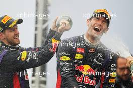 Mark Webber (AUS) Red Bull Racing celebrates his second position and final GP on the podium with team mate Sebastian Vettel (GER) Red Bull Racing. 24.11.2013. Formula 1 World Championship, Rd 19, Brazilian Grand Prix, Sao Paulo, Brazil, Race Day.