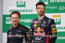 The podium (L to R): Christian Horner (GBR) Red Bull Racing Team Principal with second placed Mark Webber (AUS) Red Bull Racing. 24.11.2013. Formula 1 World Championship, Rd 19, Brazilian Grand Prix, Sao Paulo, Brazil, Race Day.