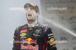 Mark Webber (AUS) Red Bull Racing celebrates his second position and final GP on the podium. 24.11.2013. Formula 1 World Championship, Rd 19, Brazilian Grand Prix, Sao Paulo, Brazil, Race Day.