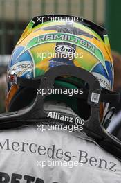 The helmet of Lewis Hamilton (GBR) Mercedes AMG F1. 23.11.2013. Formula 1 World Championship, Rd 19, Brazilian Grand Prix, Sao Paulo, Brazil, Qualifying Day.