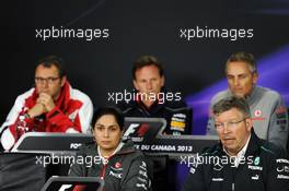 The FIA Press Conference (From back row (L to R)): Stefano Domenicali (ITA) Ferrari General Director; Christian Horner (GBR) Red Bull Racing Team Principal; Martin Whitmarsh (GBR) McLaren Chief Executive Officer; Paul Hembery (GBR) Pirelli Motorsport Director (Absent); Monisha Kaltenborn (AUT) Sauber Team Principal; Ross Brawn (GBR) Mercedes AMG F1 Team Principal.  07.06.2013. Formula 1 World Championship, Rd 7, Canadian Grand Prix, Montreal, Canada, Practice Day.