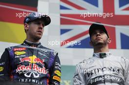 The podium (L to R): Race winner Sebastian Vettel (GER) Red Bull Racing with third placed Lewis Hamilton (GBR) Mercedes AMG F1. 09.06.2013. Formula 1 World Championship, Rd 7, Canadian Grand Prix, Montreal, Canada, Race Day.