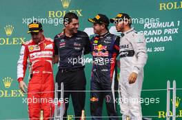 The podium (L to R): Fernando Alonso (ESP) Ferrari, second; Guillaume Rocquelin (ITA) Red Bull Racing Race Engineer; Sebastian Vettel (GER) Red Bull Racing, race winner; Lewis Hamilton (GBR) Mercedes AMG F1, third. 09.06.2013. Formula 1 World Championship, Rd 7, Canadian Grand Prix, Montreal, Canada, Race Day.