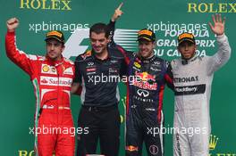 1st for Sebastian Vettel (GER) Red Bull Racing, 2nd for Fernando Alonso (ESP) Ferrari and 3rd for Lewis Hamilton (GBR) Mercedes AMG F1. 09.06.2013. Formula 1 World Championship, Rd 7, Canadian Grand Prix, Montreal, Canada, Race Day.