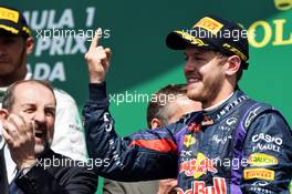 Race winner Sebastian Vettel (GER) Red Bull Racing celebrates on the podium. 09.06.2013. Formula 1 World Championship, Rd 7, Canadian Grand Prix, Montreal, Canada, Race Day.