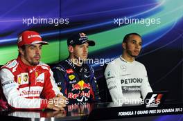 The FIA Press Conference (L to R): Fernando Alonso (ESP) Ferrari, second; Sebastian Vettel (GER) Red Bull Racing, race winner; Lewis Hamilton (GBR) Mercedes AMG F1, third. 09.06.2013. Formula 1 World Championship, Rd 7, Canadian Grand Prix, Montreal, Canada, Race Day.