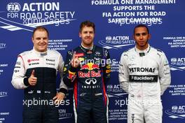 The top three qualifiers in Parc Ferme (L to R): Valtteri Bottas (FIN) Williams, third; Sebastian Vettel (GER) Red Bull Racing, pole position; Lewis Hamilton (GBR) Mercedes AMG F1, second. 08.06.2013. Formula 1 World Championship, Rd 7, Canadian Grand Prix, Montreal, Canada, Qualifying Day.