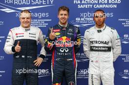 The top three qualifiers in Parc Ferme (L to R): Valtteri Bottas (FIN) Williams, third; Sebastian Vettel (GER) Red Bull Racing, pole position; Lewis Hamilton (GBR) Mercedes AMG F1, second. 08.06.2013. Formula 1 World Championship, Rd 7, Canadian Grand Prix, Montreal, Canada, Qualifying Day.