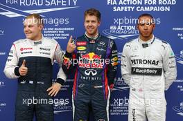 The top three qualifiers in Parc Ferme (L to R): Valtteri Bottas (FIN) Williams, third; Sebastian Vettel (GER) Red Bull Racing, pole position; Lewis Hamilton (GBR) Mercedes AMG F1, second. 08.06.2013. Formula 1 World Championship, Rd 7, Canadian Grand Prix, Montreal, Canada, Qualifying Day.