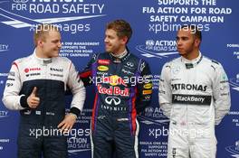 The top three qualifiers in Parc Ferme (L to R): Valtteri Bottas (FIN) Williams, third; Sebastian Vettel (GER) Red Bull Racing, pole position; Lewis Hamilton (GBR) Mercedes AMG F1, second. 08.06.2013. Formula 1 World Championship, Rd 7, Canadian Grand Prix, Montreal, Canada, Qualifying Day.