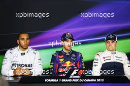 The top 3 qualifiers in the FIA Press Conference (L to R): Lewis Hamilton (GBR) Mercedes AMG F1, second; Sebastian Vettel (GER) Red Bull Racing, pole position; Valtteri Bottas (FIN) Williams, third. 08.06.2013. Formula 1 World Championship, Rd 7, Canadian Grand Prix, Montreal, Canada, Qualifying Day.