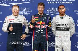 The top three qualifiers in Parc Ferme (L to R): Valtteri Bottas (FIN) Williams, third; Sebastian Vettel (GER) Red Bull Racing, pole position; Lewis Hamilton (GBR) Mercedes AMG F1, second. 08.06.2013. Formula 1 World Championship, Rd 7, Canadian Grand Prix, Montreal, Canada, Qualifying Day.