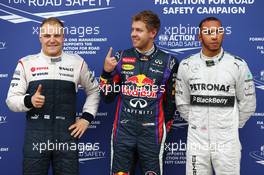 The top three qualifiers in Parc Ferme (L to R): Valtteri Bottas (FIN) Williams, third; Sebastian Vettel (GER) Red Bull Racing, pole position; Lewis Hamilton (GBR) Mercedes AMG F1, second. 08.06.2013. Formula 1 World Championship, Rd 7, Canadian Grand Prix, Montreal, Canada, Qualifying Day.