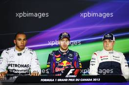 The top 3 qualifiers in the FIA Press Conference (L to R): Lewis Hamilton (GBR) Mercedes AMG F1, second; Sebastian Vettel (GER) Red Bull Racing, pole position; Valtteri Bottas (FIN) Williams, third. 08.06.2013. Formula 1 World Championship, Rd 7, Canadian Grand Prix, Montreal, Canada, Qualifying Day.