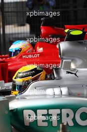 Pole sitter Lewis Hamilton (GBR) Mercedes AMG F1 W04 and Fernando Alonso (ESP) Ferrari F138 in parc ferme. 13.04.2013. Formula 1 World Championship, Rd 3, Chinese Grand Prix, Shanghai, China, Qualifying Day.