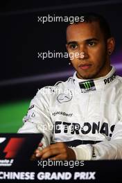 Pole sitter Lewis Hamilton (GBR) Mercedes AMG F1 in the FIA Press Conference. 13.04.2013. Formula 1 World Championship, Rd 3, Chinese Grand Prix, Shanghai, China, Qualifying Day.