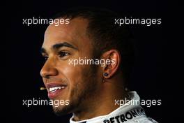 Pole sitter Lewis Hamilton (GBR) Mercedes AMG F1 in the FIA Press Conference. 13.04.2013. Formula 1 World Championship, Rd 3, Chinese Grand Prix, Shanghai, China, Qualifying Day.