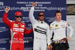 The top three qualifiers in Parc Ferme (L to R): Fernando Alonso (ESP) Ferrari, third; Lewis Hamilton (GBR) Mercedes AMG F1, pole position; Kimi Raikkonen (FIN) Lotus F1 Team, second. 13.04.2013. Formula 1 World Championship, Rd 3, Chinese Grand Prix, Shanghai, China, Qualifying Day.