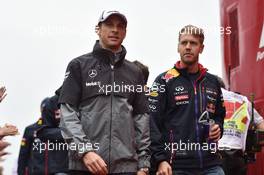 (L to R): Jenson Button (GBR) McLaren and Sebastian Vettel (GER) Red Bull Racing on the drivers parade. 20.04.2014. Formula 1 World Championship, Rd 4, Chinese Grand Prix, Shanghai, China, Race Day.