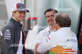 (L to R): Nico Hulkenberg (GER) Sauber with Andy Stevenson (GBR) Sahara Force India F1 Team Manager and Robert Fernley (GBR) Sahara Force India F1 Team Deputy Team Principal. 10.05.2013. Formula 1 World Championship, Rd 5, Spanish Grand Prix, Barcelona, Spain, Practice Day