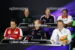 The FIA Press Conference (From back row (L to R)): Mark Smith (GBR) Caterham F1 Team Technical Director; Mike Coughlan (GBR) Williams Technical Director; Dave Greenwood (GBR) Marussia F1 Team Race Engineer; Nicholas Tombazis, Ferrari Chief Designer; Adrian Newey (GBR) Red Bull Racing Chief Technical Officer; Andrew Green (GBR) Sahara Force India F1 Team Technical Director. 10.05.2013. Formula 1 World Championship, Rd 5, Spanish Grand Prix, Barcelona, Spain, Practice Day