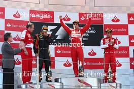 1st place Fernando Alonso (ESP) Ferrari F138 with 2nd place Kimi Raikkonen (FIN) Lotus F1 E21 and 3rd place Felipe Massa (BRA) Ferrari F138 and Stefano Domenicali (ITA) Ferrari General Director.  12.05.2013. Formula 1 World Championship, Rd 5, Spanish Grand Prix, Barcelona, Spain, Race Day