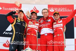 The podium (L to R): Kimi Raikkonen (FIN) Lotus F1 Team, second; Fernando Alonso (ESP) Ferrari, race winner; Stefano Domenicali (ITA) Ferrari General Director; Felipe Massa (BRA) Ferrari, third. 12.05.2013. Formula 1 World Championship, Rd 5, Spanish Grand Prix, Barcelona, Spain, Race Day
