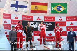 1st place Fernando Alonso (ESP) Ferrari F138 with 2nd place Kimi Raikkonen (FIN) Lotus F1 E21 and 3rd place Felipe Massa (BRA) Ferrari F138 and Stefano Domenicali (ITA) Ferrari General Director.  12.05.2013. Formula 1 World Championship, Rd 5, Spanish Grand Prix, Barcelona, Spain, Race Day