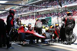 Max Chilton (GBR) Marussia F1 Team MR02 makes a pit stop. 12.05.2013. Formula 1 World Championship, Rd 5, Spanish Grand Prix, Barcelona, Spain, Race Day