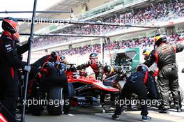 Max Chilton (GBR) Marussia F1 Team MR02 makes a pit stop. 12.05.2013. Formula 1 World Championship, Rd 5, Spanish Grand Prix, Barcelona, Spain, Race Day