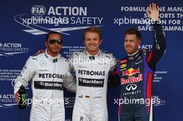 pole for Nico Rosberg (GER) Mercedes AMG F1, 2nd for Lewis Hamilton (GBR) Mercedes AMG F1 and 3rd for Sebastian Vettel (GER) Red Bull Racing  11.05.2013. Formula 1 World Championship, Rd 5, Spanish Grand Prix, Barcelona, Spain, Qualifying Day