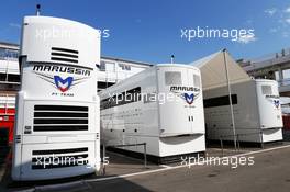 Marussia F1 Team trucks in the paddock. 11.05.2013. Formula 1 World Championship, Rd 5, Spanish Grand Prix, Barcelona, Spain, Qualifying Day