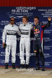 Qualifying top three in parc ferme (L to R): Lewis Hamilton (GBR) Mercedes AMG F1, second; Nico Rosberg (GER) Mercedes AMG F1, pole position; Sebastian Vettel (GER) Red Bull Racing, third. 11.05.2013. Formula 1 World Championship, Rd 5, Spanish Grand Prix, Barcelona, Spain, Qualifying Day