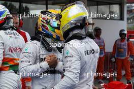 (L to R): Lewis Hamilton (GBR) Mercedes AMG F1 with pole sitter Nico Rosberg (GER) Mercedes AMG F1 in parc ferme. 11.05.2013. Formula 1 World Championship, Rd 5, Spanish Grand Prix, Barcelona, Spain, Qualifying Day