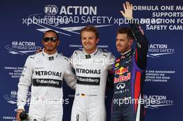 Qualifying top three in parc ferme (L to R): Lewis Hamilton (GBR) Mercedes AMG F1, second; Nico Rosberg (GER) Mercedes AMG F1, pole position; Sebastian Vettel (GER) Red Bull Racing, third. 11.05.2013. Formula 1 World Championship, Rd 5, Spanish Grand Prix, Barcelona, Spain, Qualifying Day