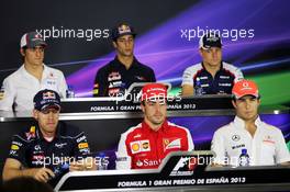 The FIA Press Conference (From back row (L to R)): Esteban Gutierrez (MEX) Sauber; Daniel Ricciardo (AUS) Scuderia Toro Rosso; Valtteri Bottas (FIN) Williams; Sebastian Vettel (GER) Red Bull Racing; Fernando Alonso (ESP) Ferrari; Sergio Perez (MEX) McLaren.  09.05.2013. Formula 1 World Championship, Rd 5, Spanish Grand Prix, Barcelona, Spain, Preparation Day